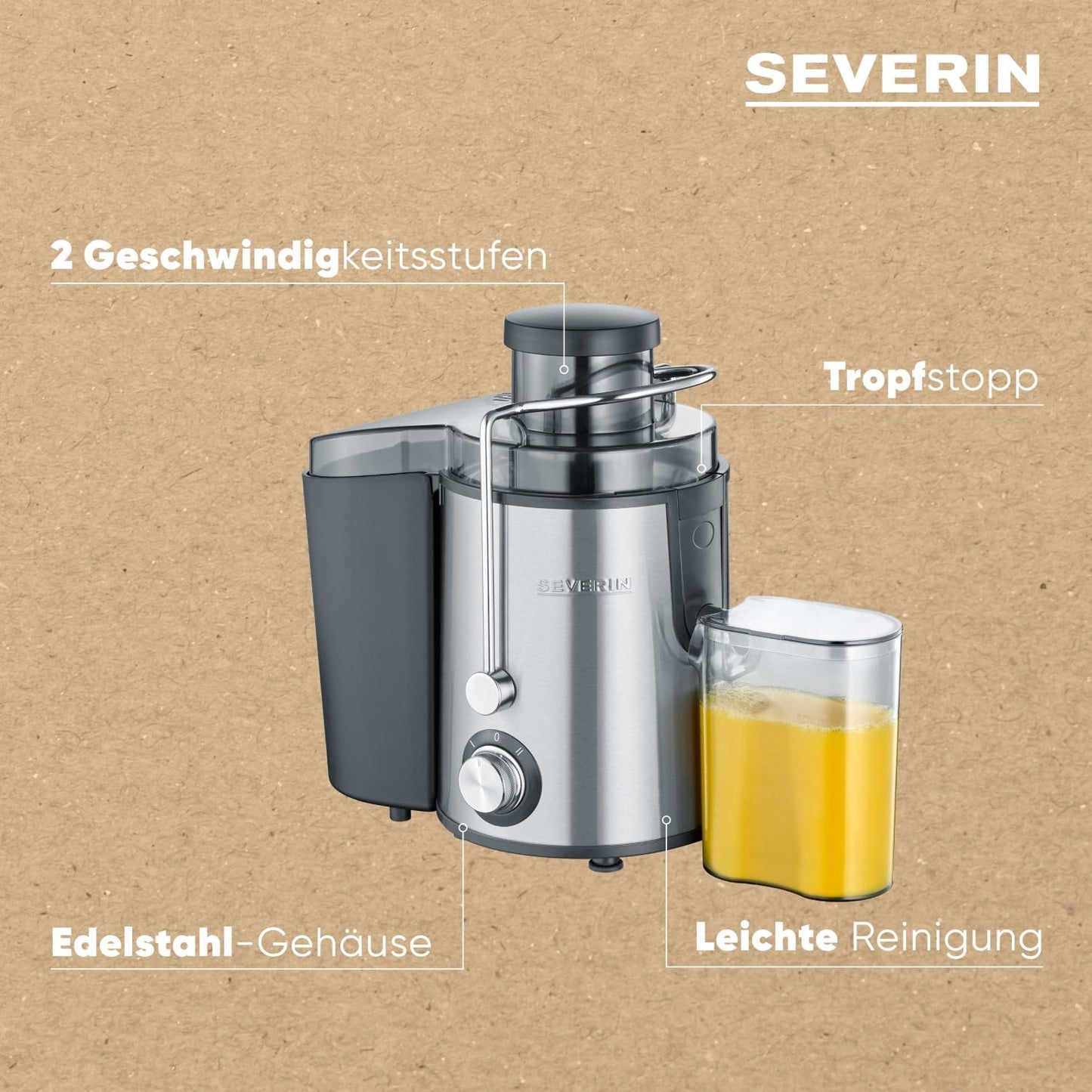 SEVERIN Saftpresse Edelstahl ES 3566 – leise, 500 ml Behälter